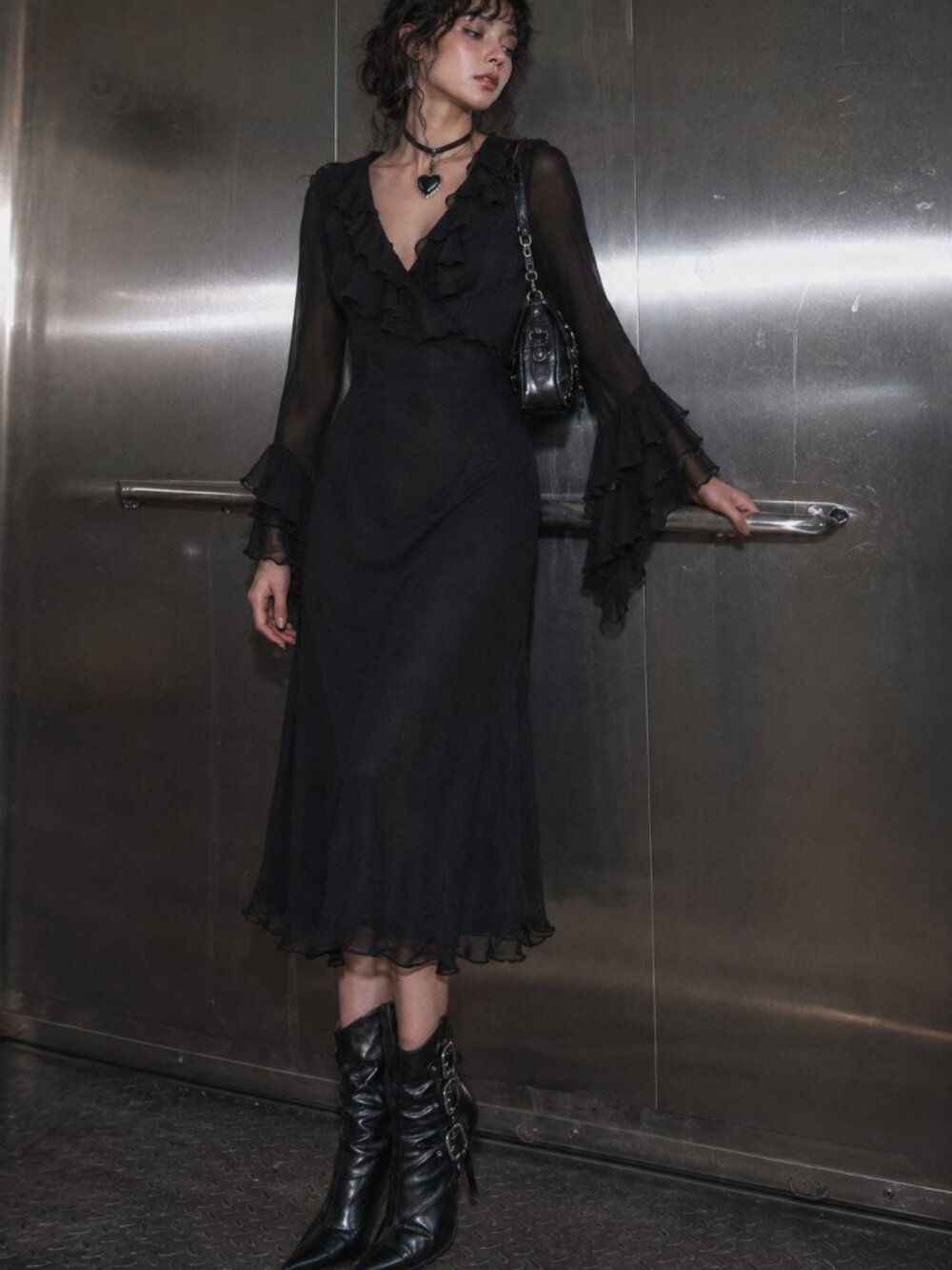 Express 100% Silk Black Sheer Midi Dress Bell Sleeves Whimsigoth Y2K Whimsy Goth